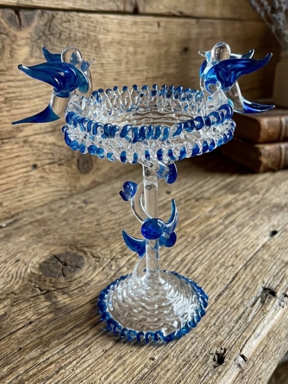 Vintage Knot Glass Birdbath Figurine
Blue & Clear Spun Knit Glass